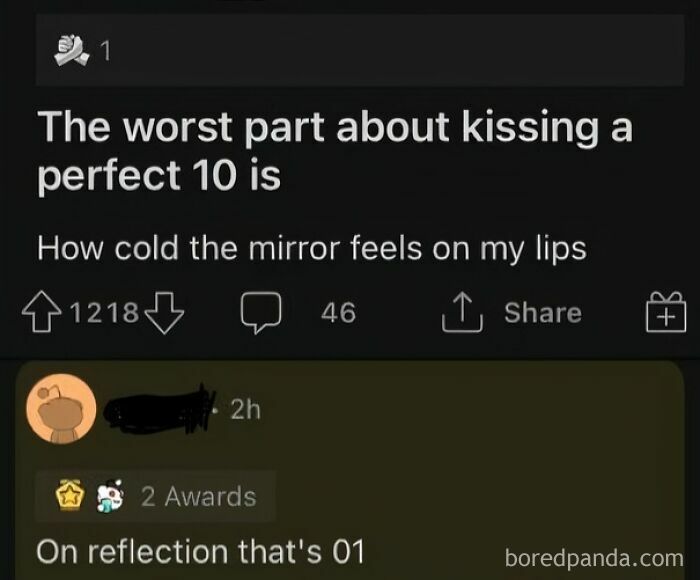 A dad joke about kissing a perfect 10, with a clever reply in the comment section, proving comments are funnier.