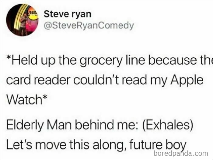 A tweet about holding up a grocery line with an Apple Watch, featuring a funny comment from an elderly man.