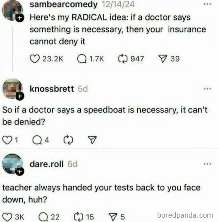 A series of comments debating a radical insurance idea, showcasing funny comment sections.