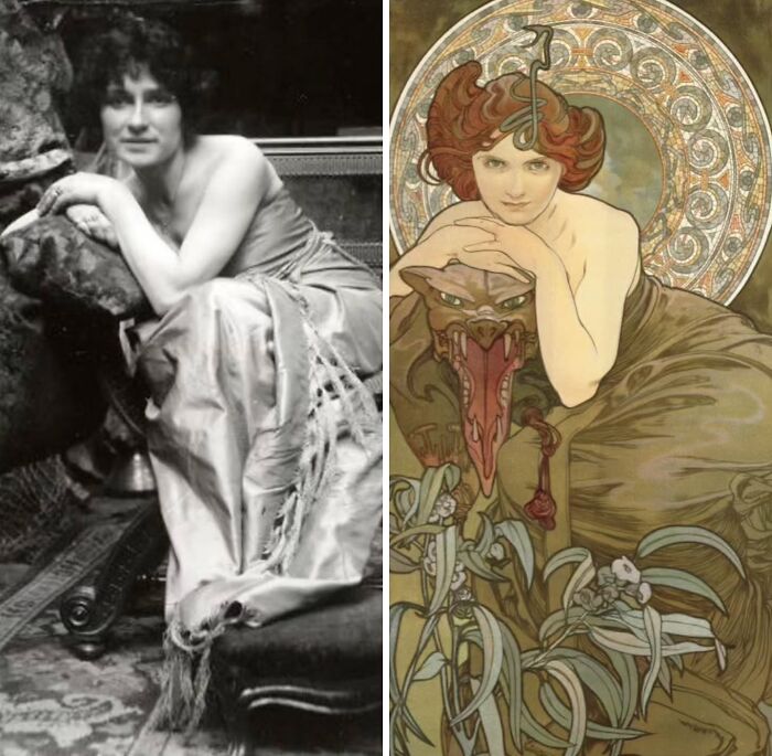 Iconic portraits: Sarah Bernhardt in a historical photo and an inspired portrait, depicting a woman with wavy hair and a flowing gown.
