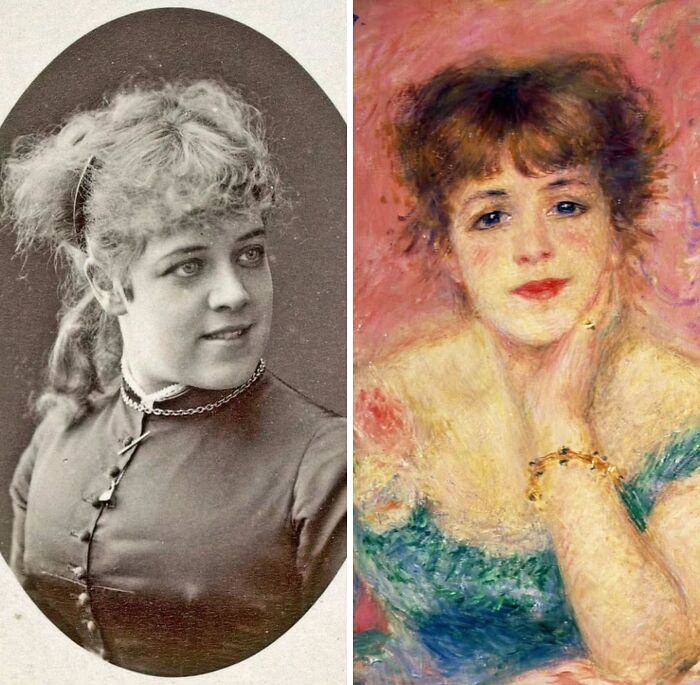 Iconic portraits: Jeanne Samary, an elegant woman in a historical photo and an inspired colorful portrait with a pink background.