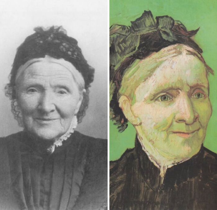 Iconic portraits: An elderly woman in a historical photo and a vibrant green-hued portrait, showing a gentle smile.