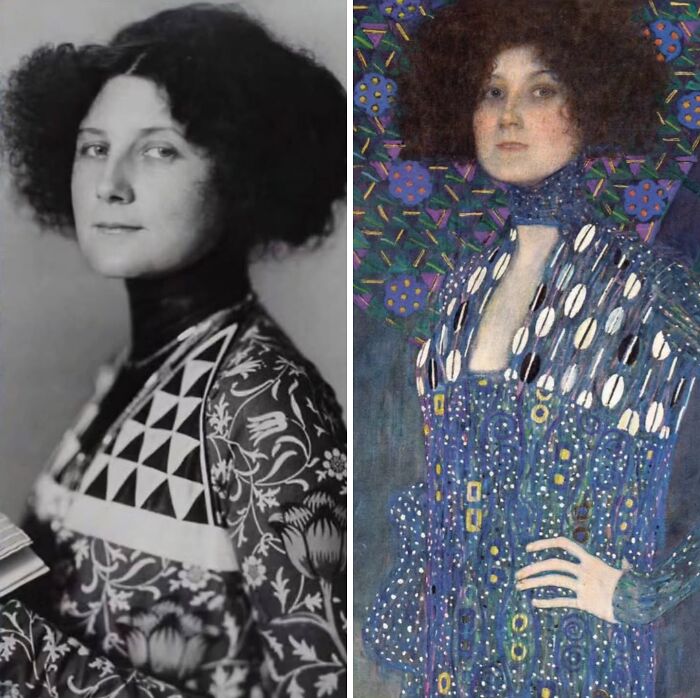 Iconic portraits: Emilie Flöge, a woman with voluminous hair in a historical photo and a vivid portrait with a patterned blue dress.