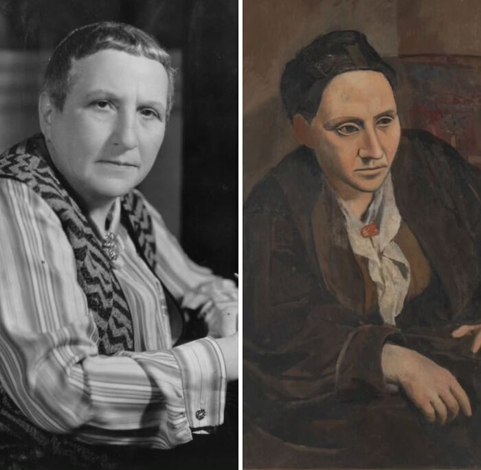 Iconic portraits and the real-life people who inspired them: a side-by-side comparison of a person and their portrait.