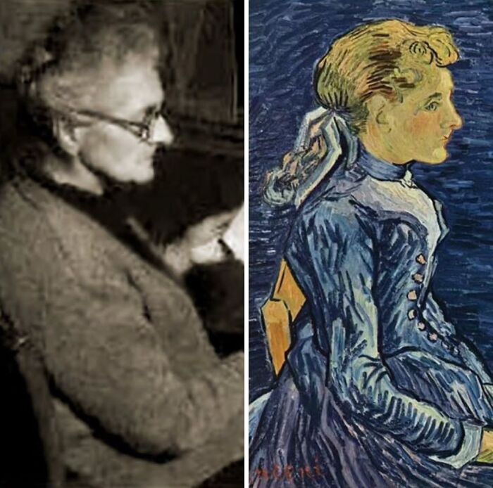 Iconic portraits and the real-life people who inspired them: a side-by-side comparison of a person and their portrait.