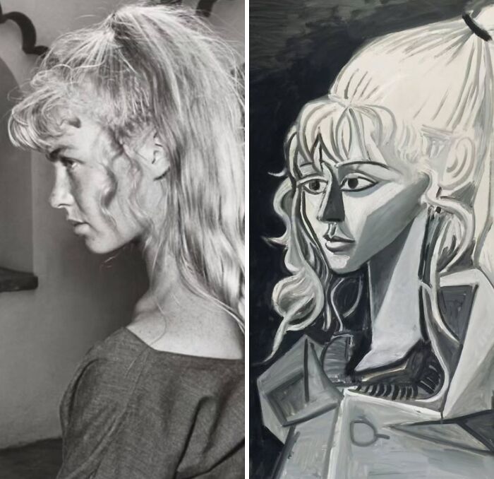 Real-life inspiration behind iconic portraits: a woman with a high ponytail, side profile, next to a cubist painting.