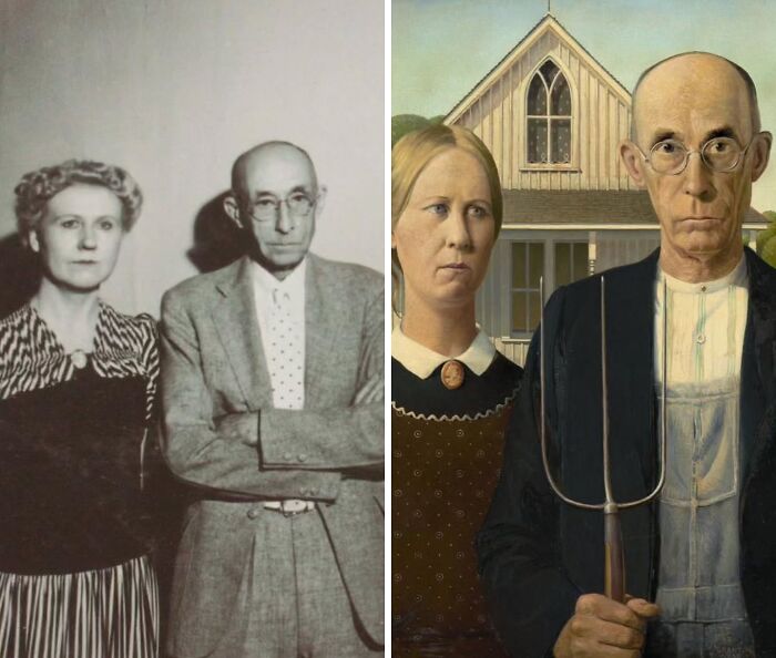 Real-life people inspiring iconic portraits: a couple resembling the subjects in American Gothic, standing next to the famous painting.
