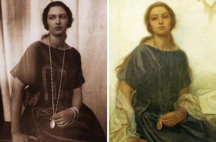 Iconic portraits and real-life people: a woman in a dark dress with a long necklace, next to a classical painting of her.