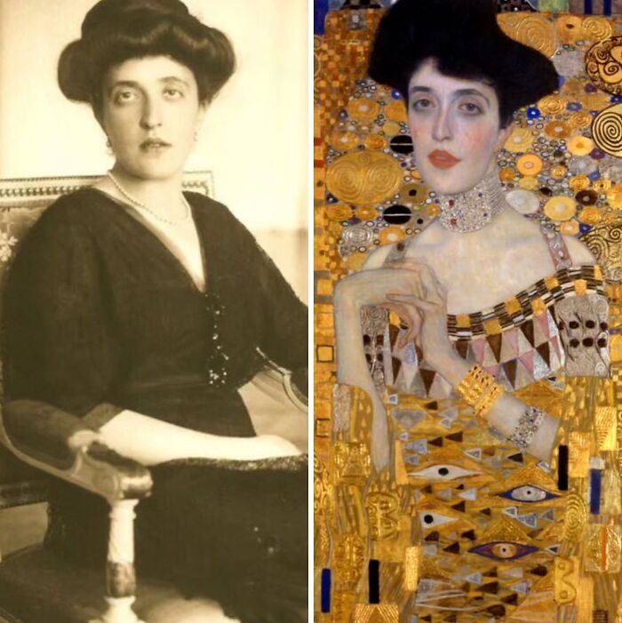 Real-life inspiration for iconic portraits: an elegant woman in a dark dress next to Gustav Klimt's Portrait of Adele Bloch-Bauer I.