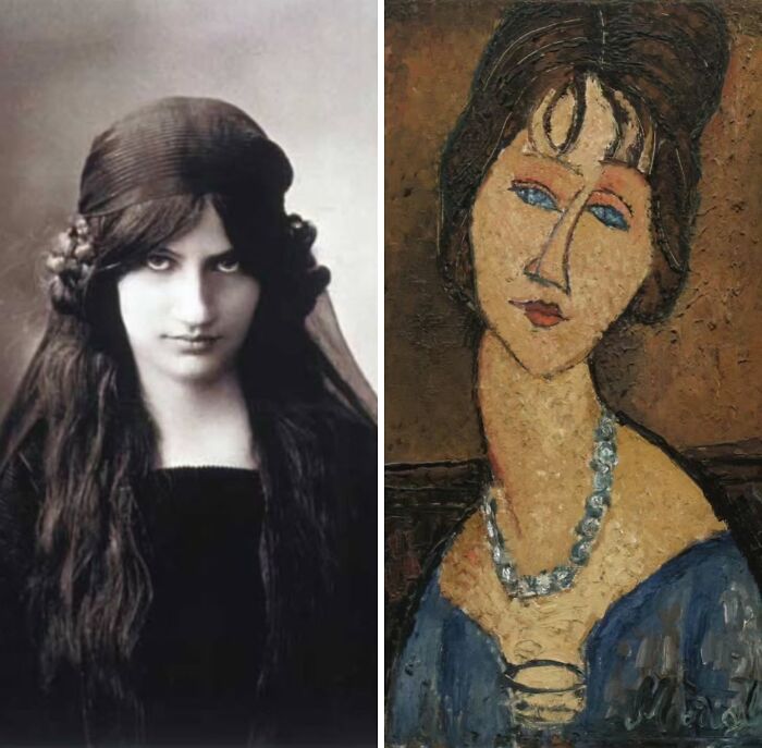 Iconic portraits: Jeanne Hébuterne and her inspired portrait, a striking woman with long dark hair, wearing a dark dress.