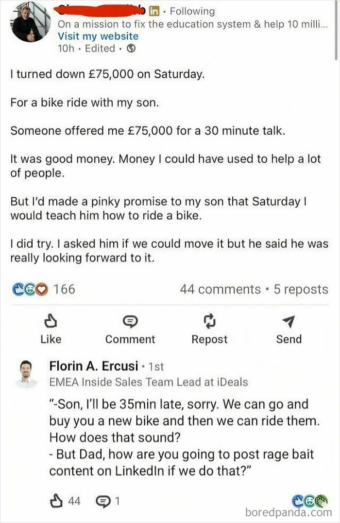Screenshot of a LinkedIn post where a user claims to have turned down £75,000 for a bike ride with his son, an embarrassing lie.