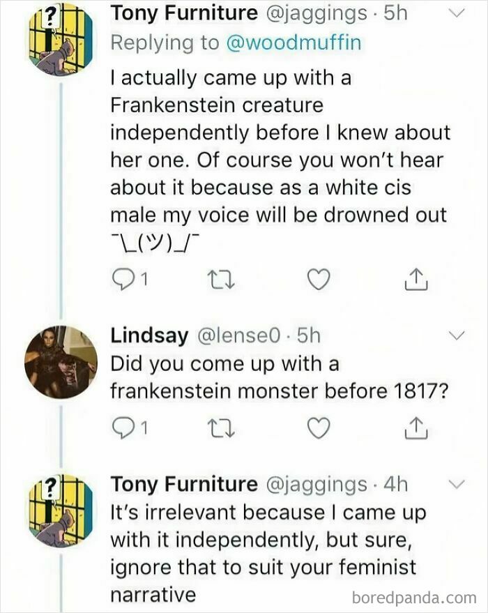 A Twitter conversation where someone claims to have independently invented Frankenstein, an embarrassing lie people spotted.