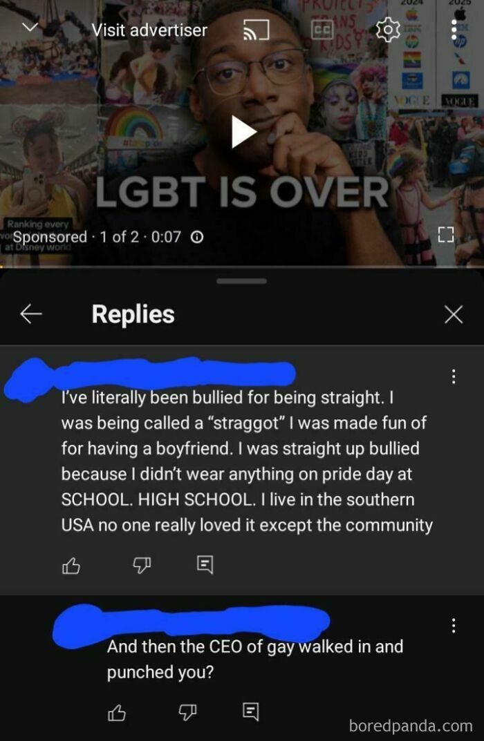 A YouTube screenshot with embarrassing lies, showing a comment about being bullied for being straight and a sarcastic reply.