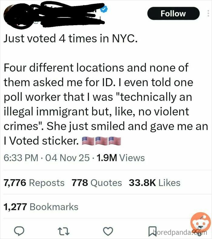 A social media post details an individual's claims of voting multiple times in NYC, an embarrassing lie.