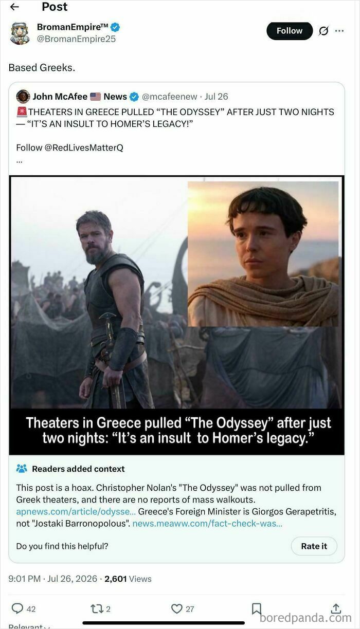 An image with a social media post about embarrassing lies, showing a movie poster and an article about The Odyssey.