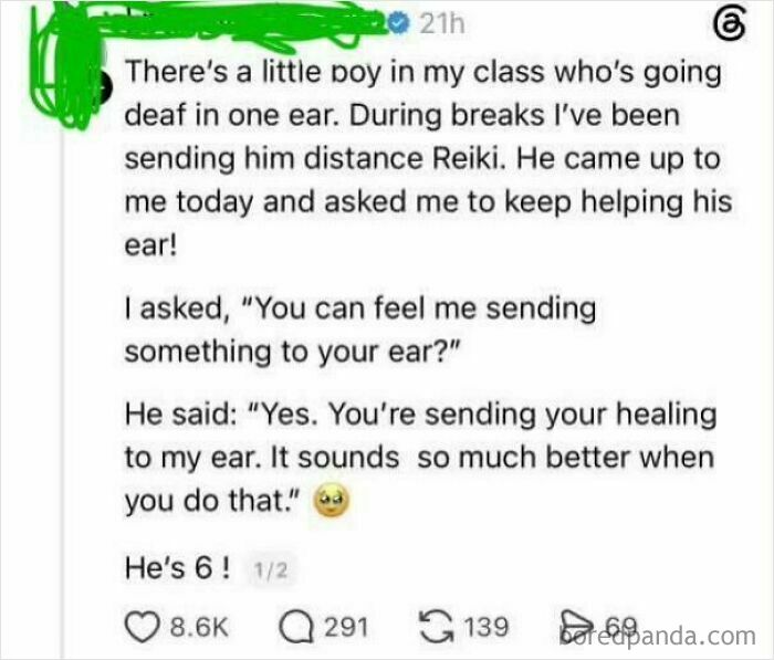A screenshot shows an online post about embarrassing lies: A person recounts a 6-year-old claiming distance Reiki healed his ear.