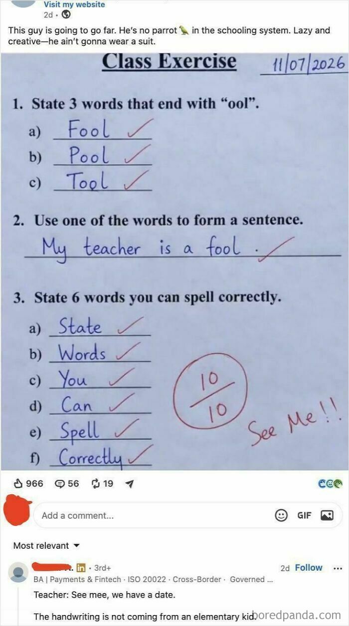 A social media post showing a child's class exercise sheet with embarrassing lies about a teacher.