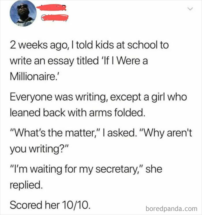 A social media post about embarrassing lies from a teacher regarding a students essay about being a millionaire.