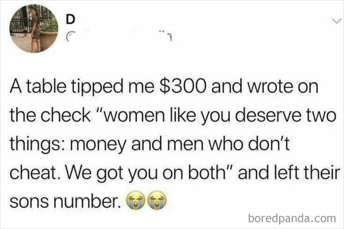 A screenshot shows an online post about embarrassing lies: A waitress claims a table tipped her $300 and wrote a note about women.