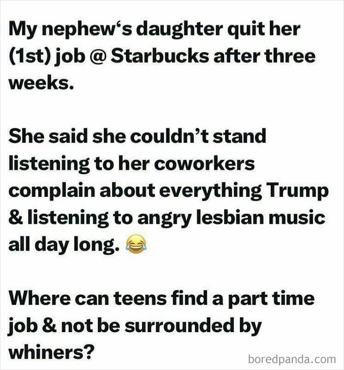 A social media post with embarrassing lies, detailing a niece quitting her job due to coworkers complaining about Trump and lesbian music.