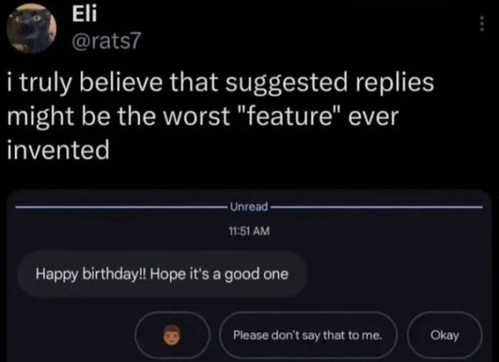 A humorous internet photo of a tweet criticizing suggested replies in messaging apps.