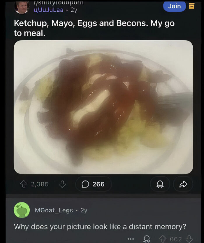 A blurry image from the Internet showing a plate of ketchup, mayo, eggs, and bacon, with a comment questioning the picture quality.