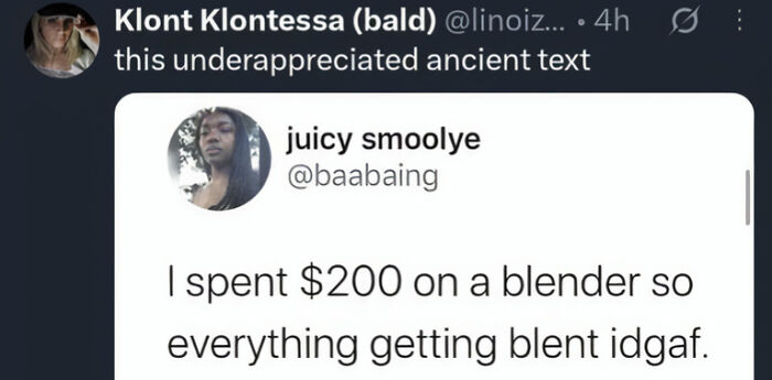 Hilarious photos of a tweet about spending $200 on a blender, ensuring everything gets blended.