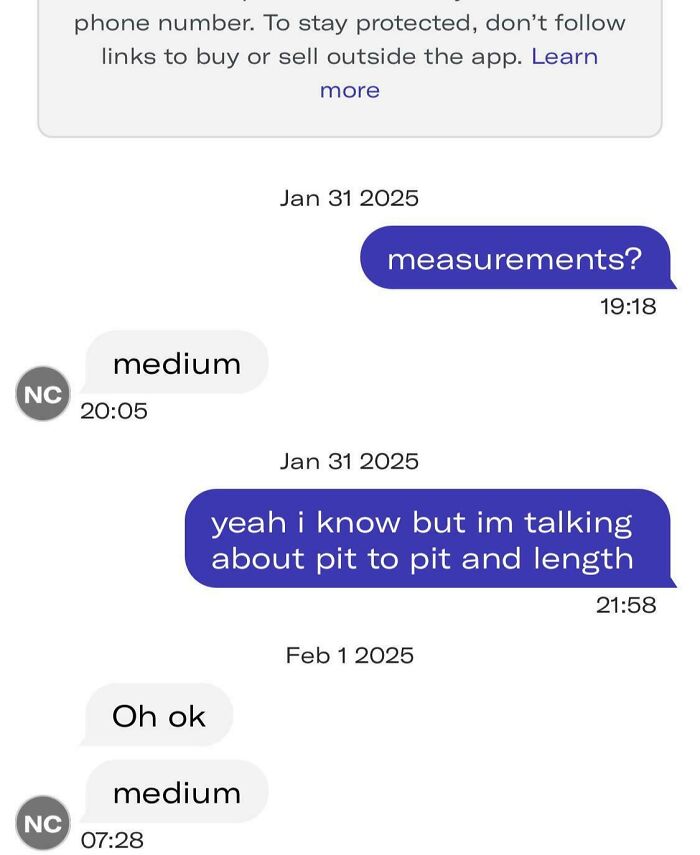 A Depop conversation screenshot where a buyer asks for measurements and the seller repeatedly replies 'medium,' an unhinged Depop seller.