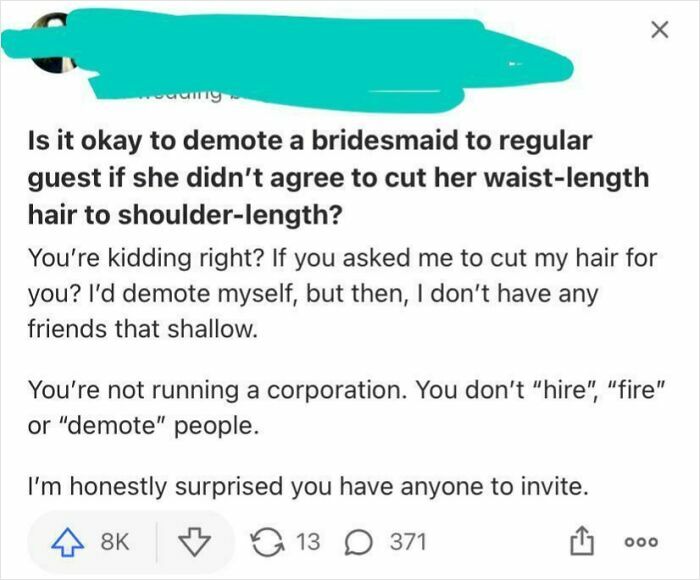 Entitled brides and grooms: A Reddit post asking if it's okay to demote a bridesmaid for refusing a wedding hair cut.
