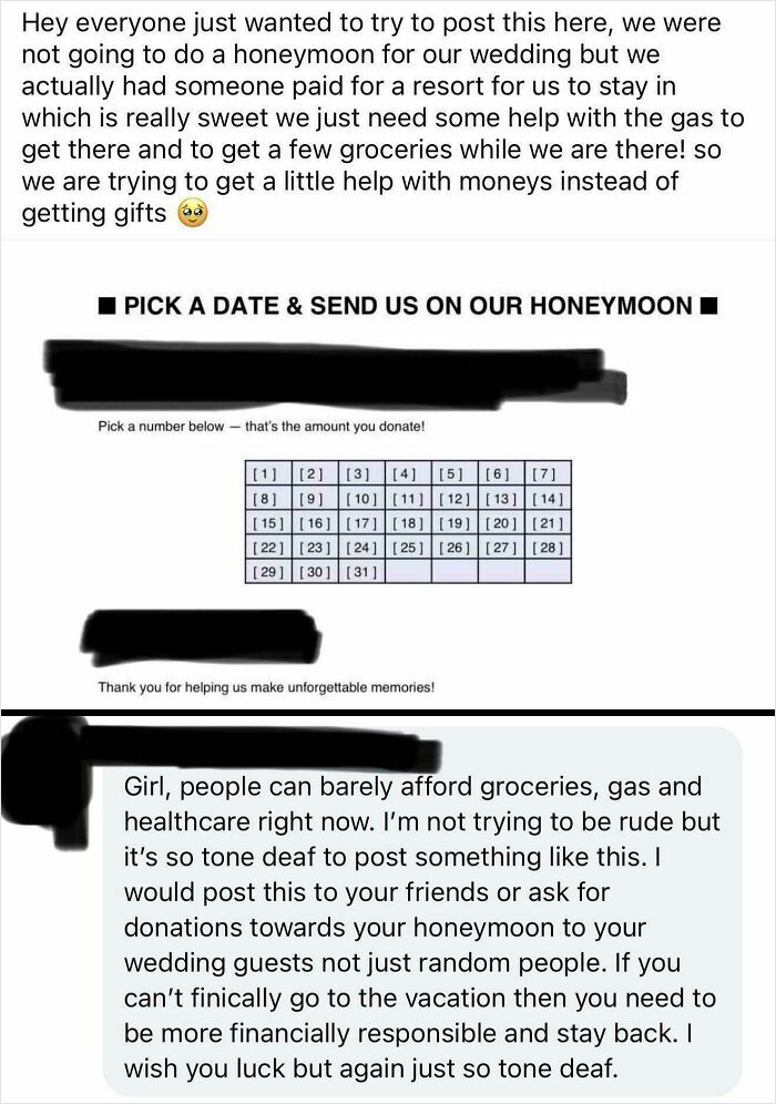 A social media post detailing wedding demands for monetary gifts to fund a honeymoon, with a critical comment below.