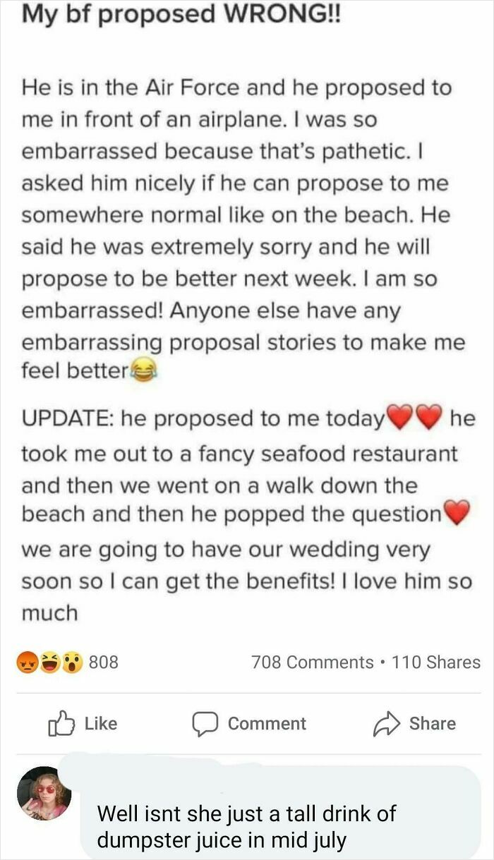 Entitled brides and grooms: A post detailing a girlfriend demanding a better wedding proposal from her Air Force boyfriend.