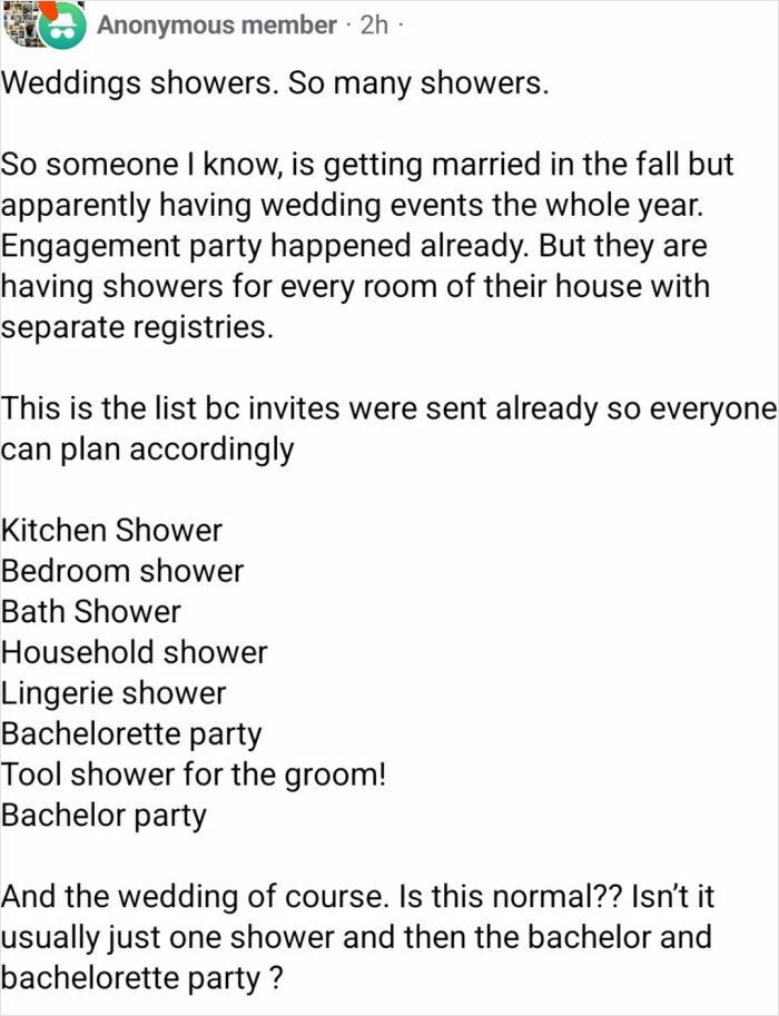 A social media post detailing numerous wedding demands including multiple bridal showers for different rooms.