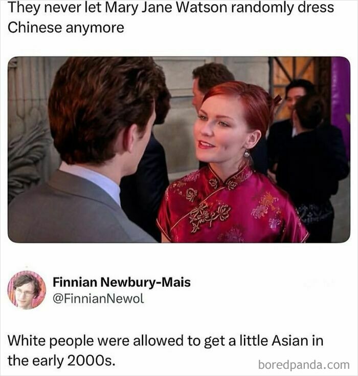 Mary Jane Watson wearing a Chinese-style dress in early 2000s Spider-Man movie
