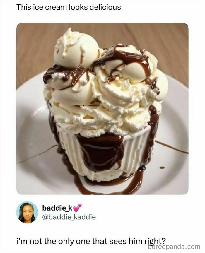 Ice cream dessert with whipped cream and chocolate drizzle looks delicious
