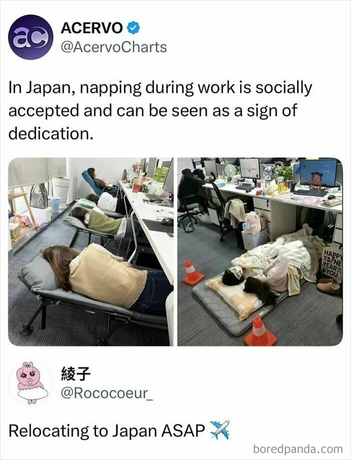 Images showing Japanese office workers napping at desks, highlighting cultural acceptance