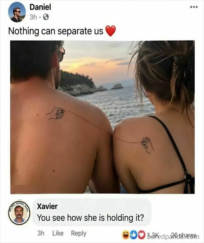 Couple with matching tattoos of hands connected by a red thread showing love meme