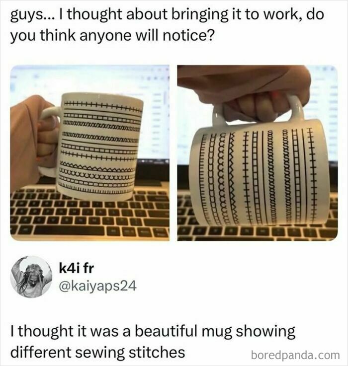 Coffee mug with sewing stitch patterns raising question about unnoticed design
