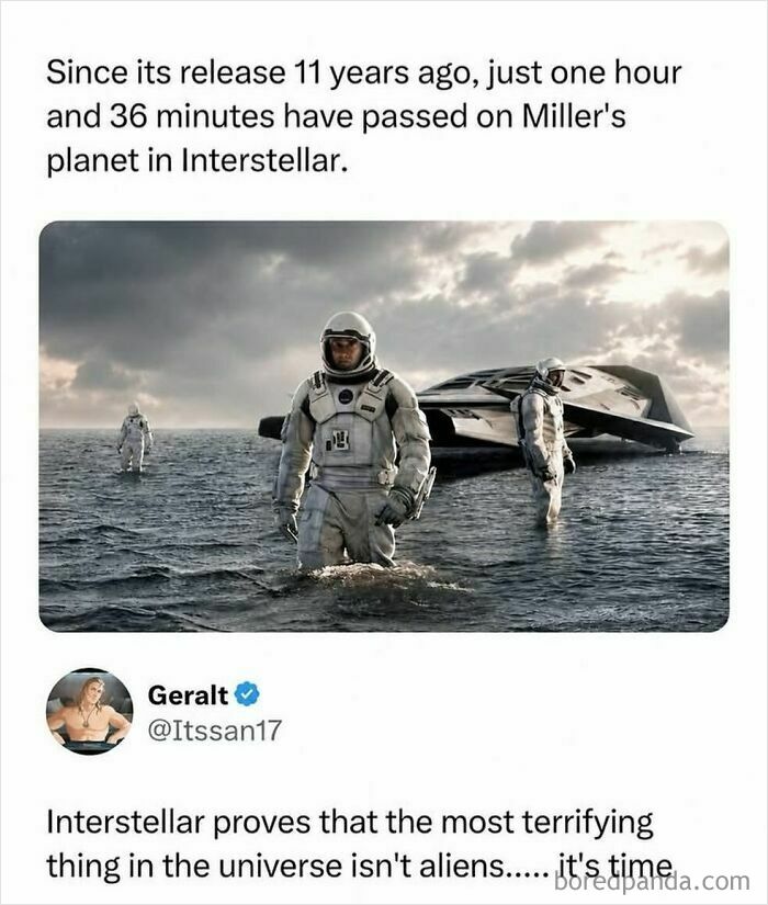 Interstellar meme showing astronauts on Miller's planet highlighting time dilation