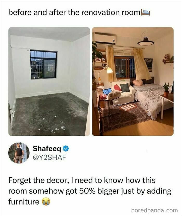 Before and after room renovation showing transformation with furniture