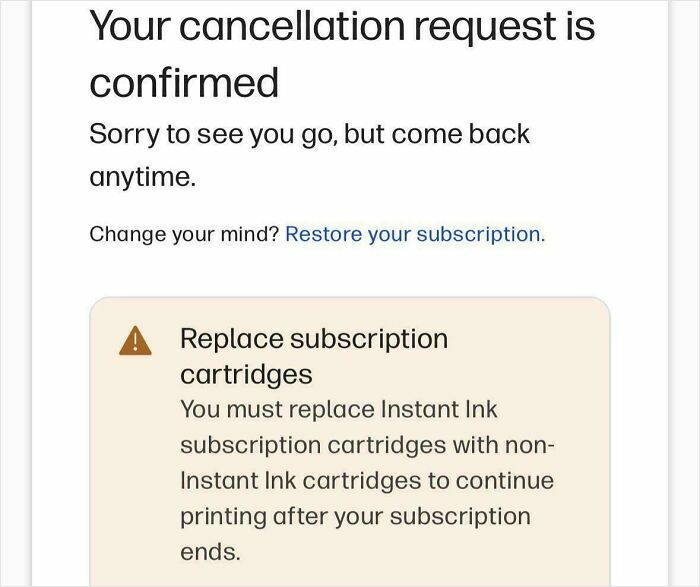 A cancellation confirmation page for a subscription, with a warning to replace cartridges, showing products getting worse.