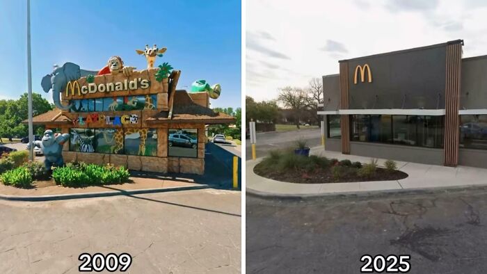 A side-by-side comparison of a McDonald's restaurant in 2009 with a playful design versus a simpler, modern design in 2025, showing products and services evolution.