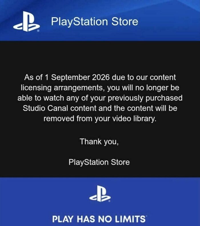 A PlayStation Store message about content licensing, reflecting products that got worse while getting more expensive.