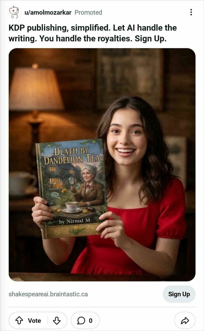 A smiling woman holds a book. The image highlights products and services getting worse and more expensive.