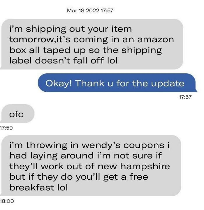 Depop chat where a seller updates a buyer on shipping an item in an Amazon box and includes Wendy’s coupons, showcasing unexpected adventures with Depop sellers.