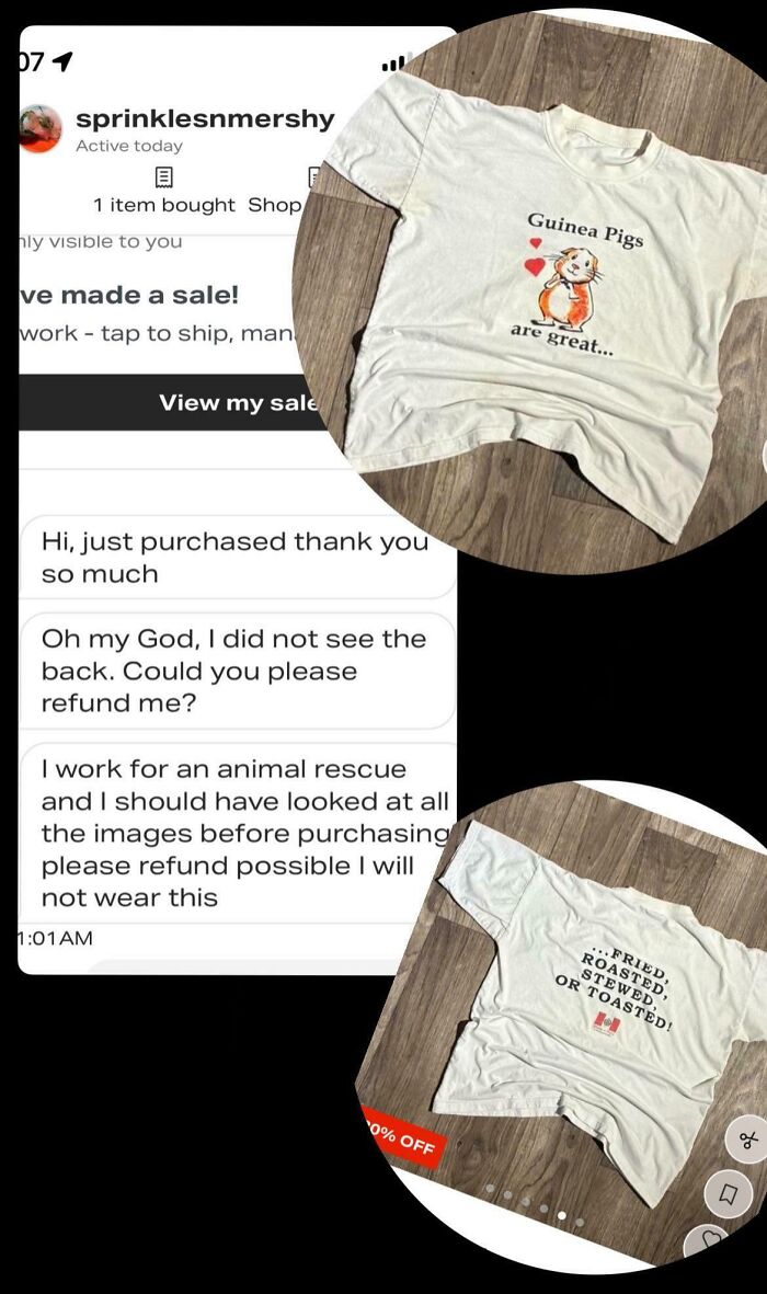 Screenshot of a Depop sale and buyer's refund request for a guinea pig shirt due to an unexpected design.
