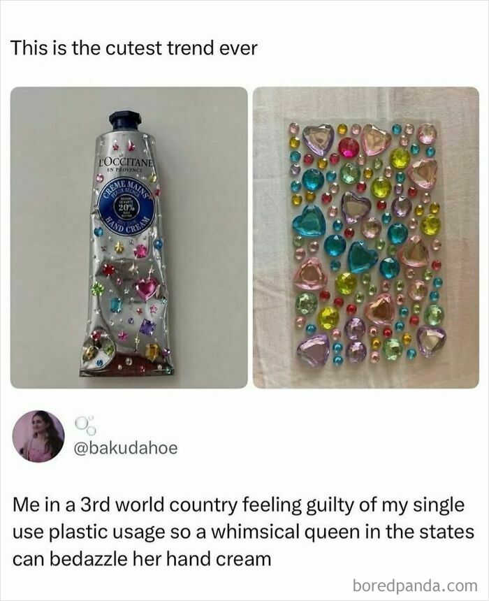 Hand cream tube decorated with colorful gems trend meme
