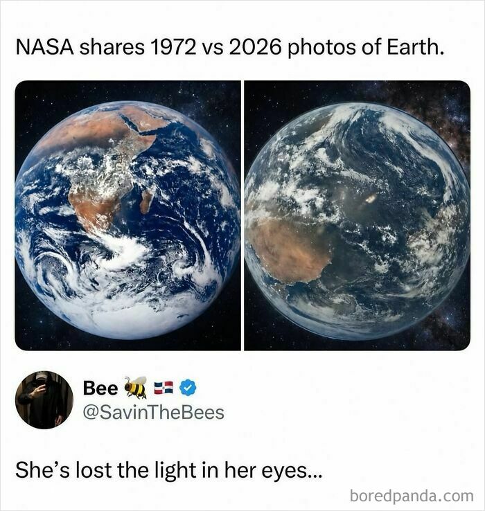 Comparison meme showing NASA Earth photos from 1972 and 2026