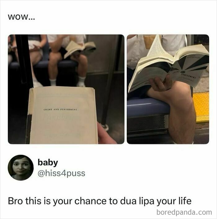 Person reading Crime and Punishment book on subway with humorous meme caption