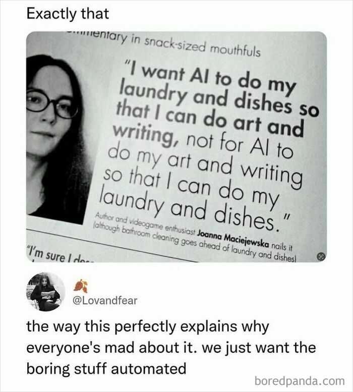 Quote about wanting AI to do laundry and dishes to focus on art and writing meme