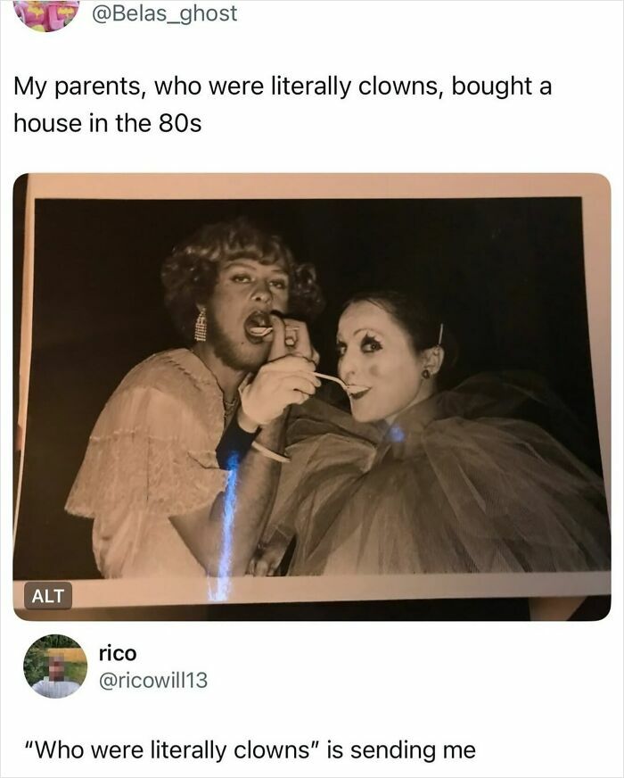 Vintage photo of two people dressed as clowns with humorous caption on 80s house buying